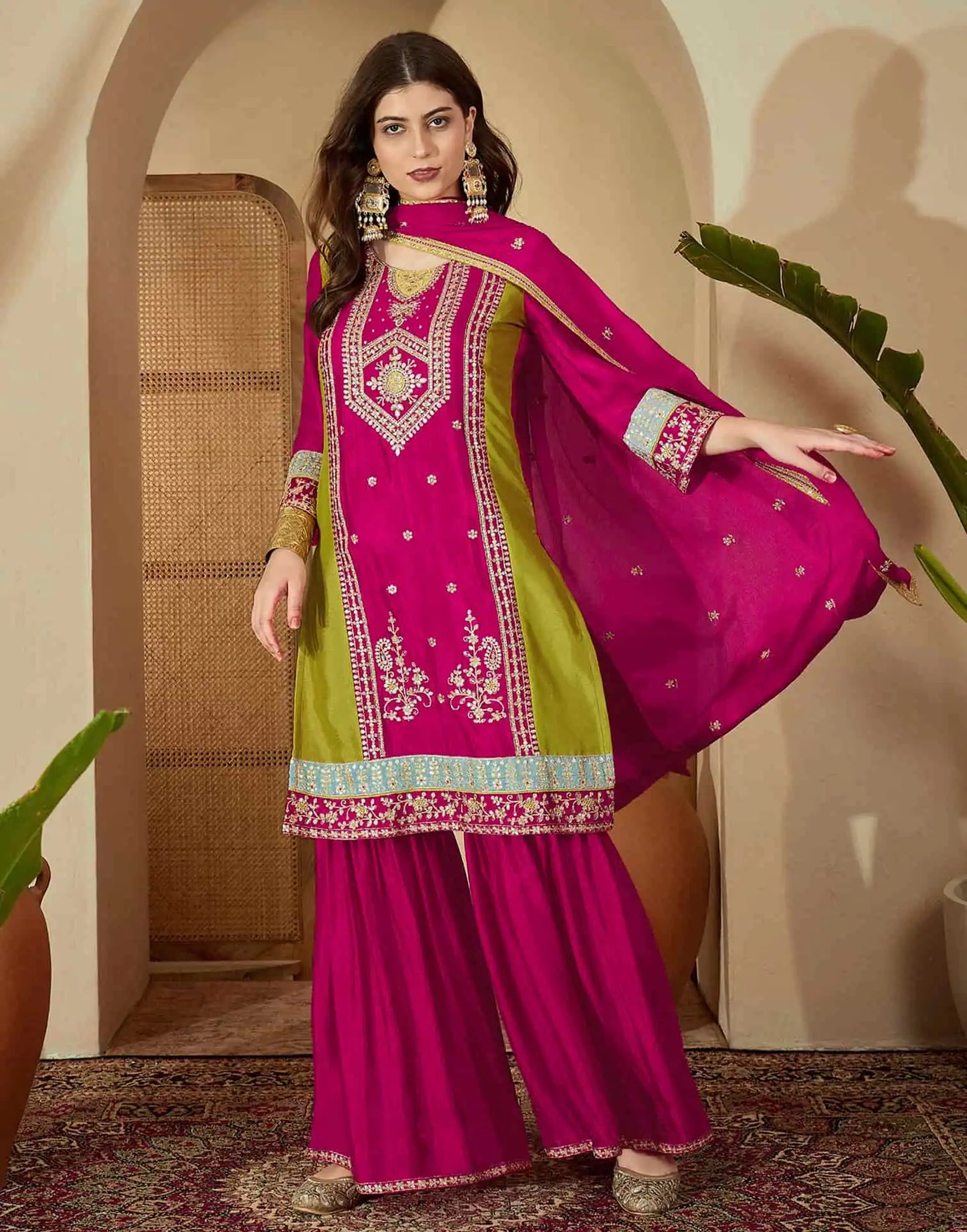 Silk Embroidered Straight Kurta with Pant & Dupatta