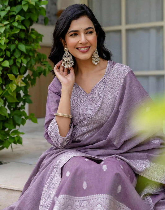 V Neck Cotton Kurta Set with Dupatta Under 1299 for Festive Wear