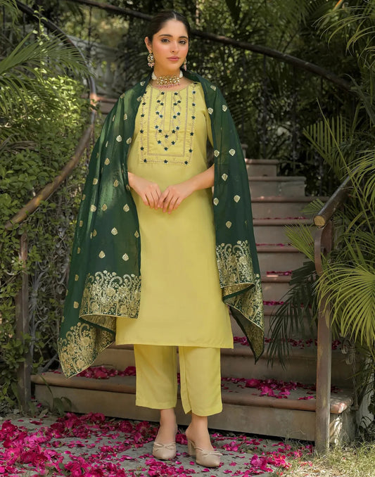 Chinnon Embroidered Round Neck Straight Kurta with Pant & Dupatta