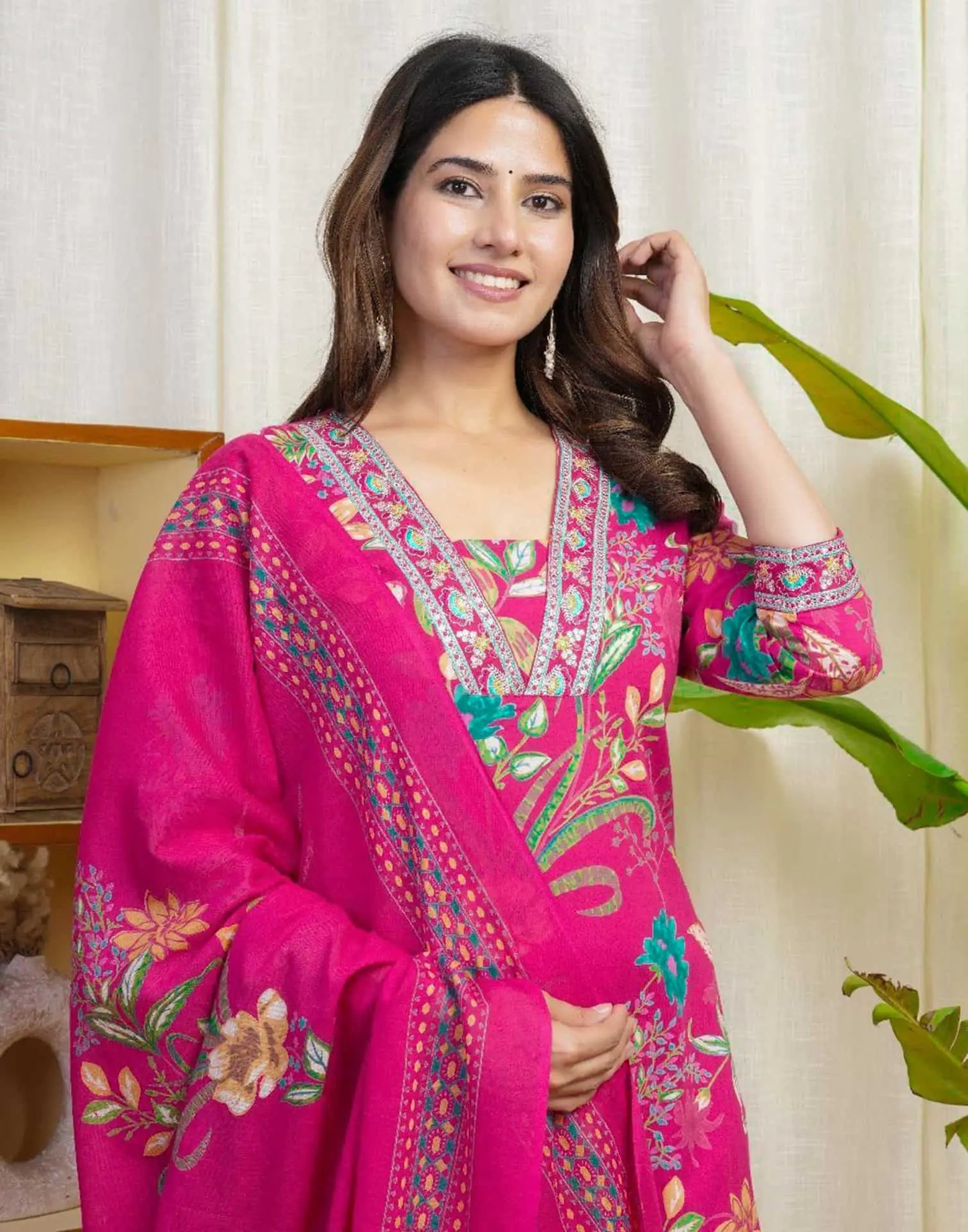 Pink Cotton Printed Straight Kurta Set with Pant & Dupatta for Women under 999