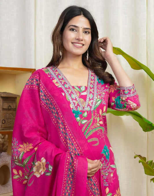 Pink Cotton Printed Straight Kurta Set with Pant & Dupatta for Women under 999