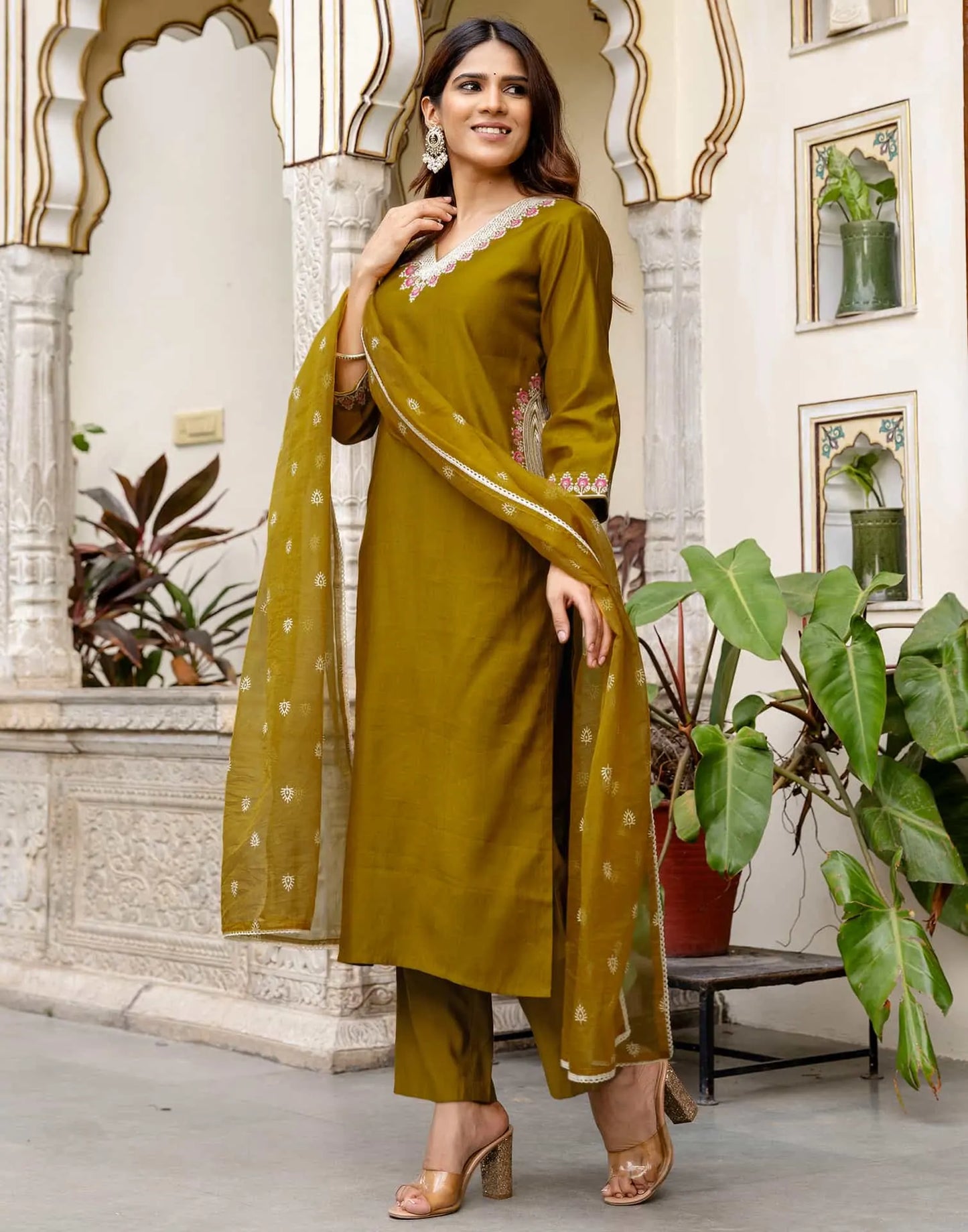 Green Silk Blend Embroidered Straight Kurta with Pant & Dupatta
