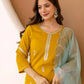 Affordable Yellow Cotton Embroidered Straight Kurta Set Round Neck Cotton Kurti with Pant & Dupatta