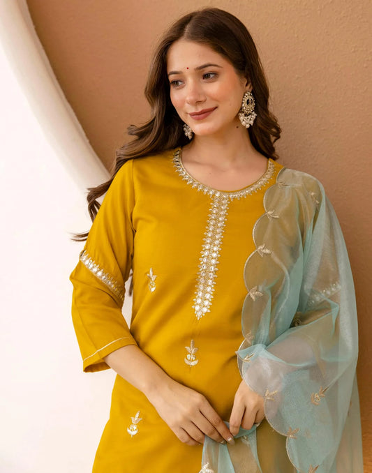 Affordable Yellow Cotton Embroidered Straight Kurta Set Round Neck Cotton Kurti with Pant & Dupatta