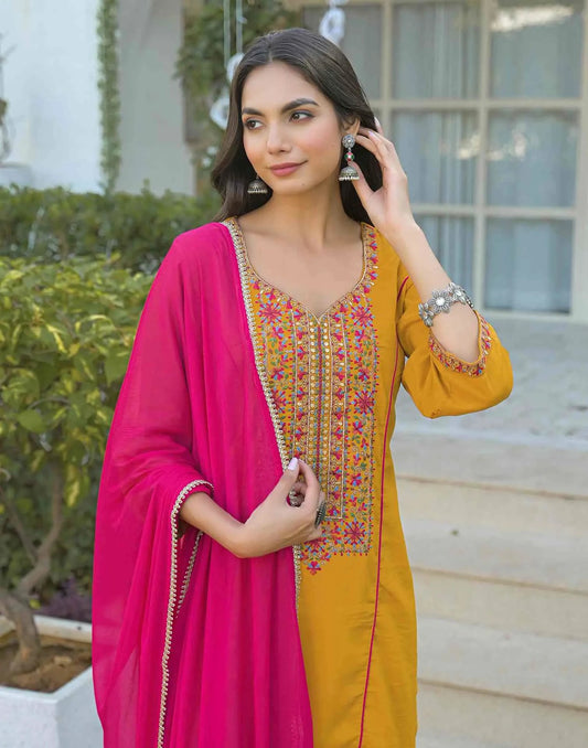 Silk Embroidered Straight Sweetheart Neck Kurta with Pant & Dupatta