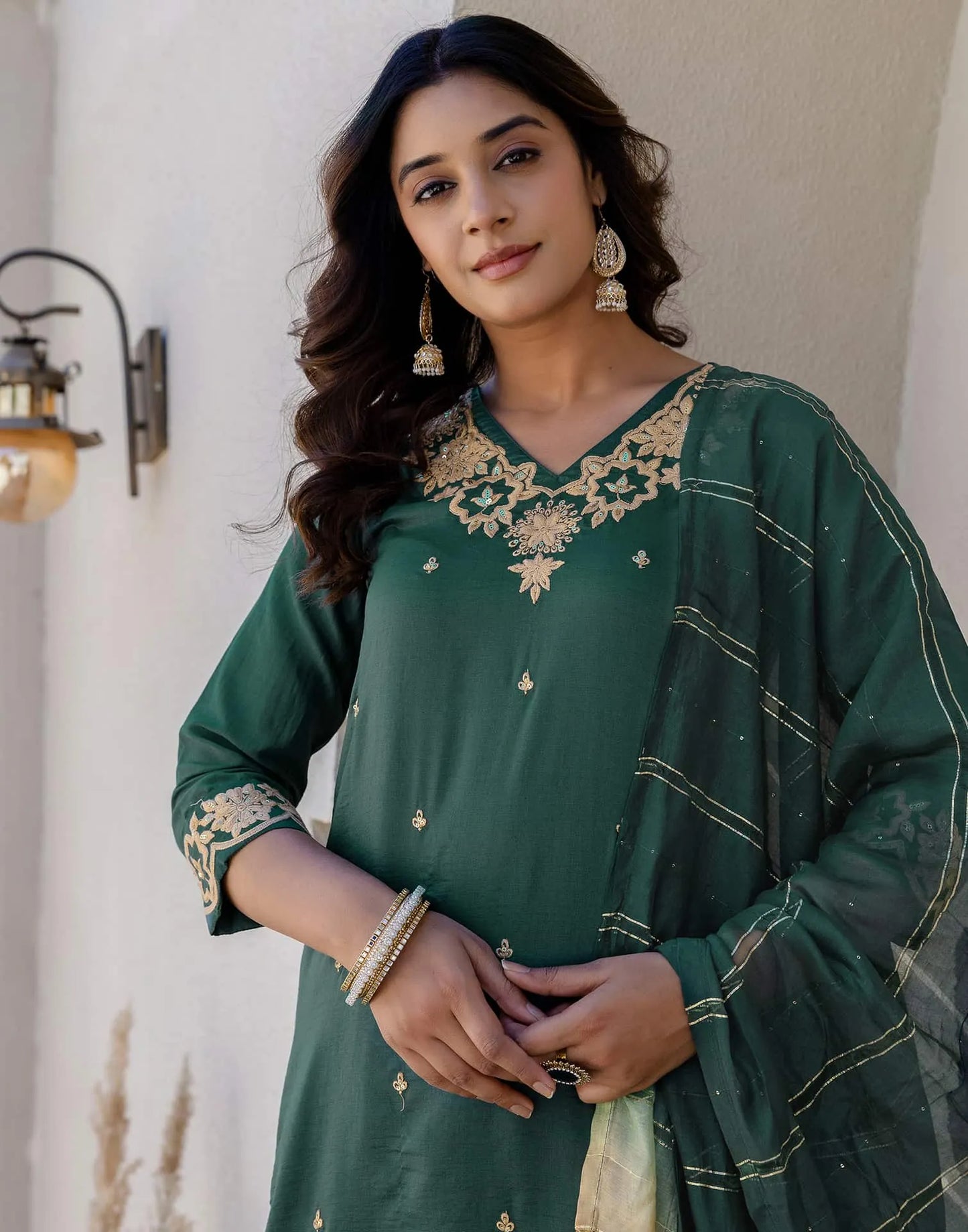 Silk Blend Embroidery, Sequin Work and Embroidery Lace Straight Kurta with Pant & Dupatta