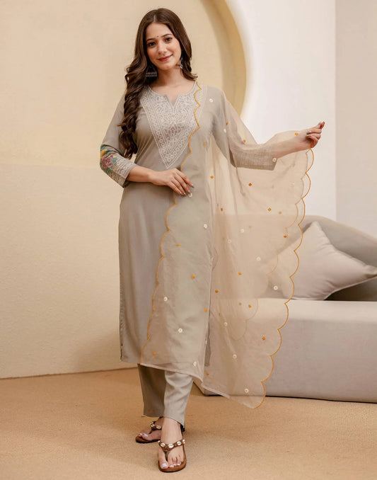 Rayon Embroidered Straight Kurta with Pant & Dupatta