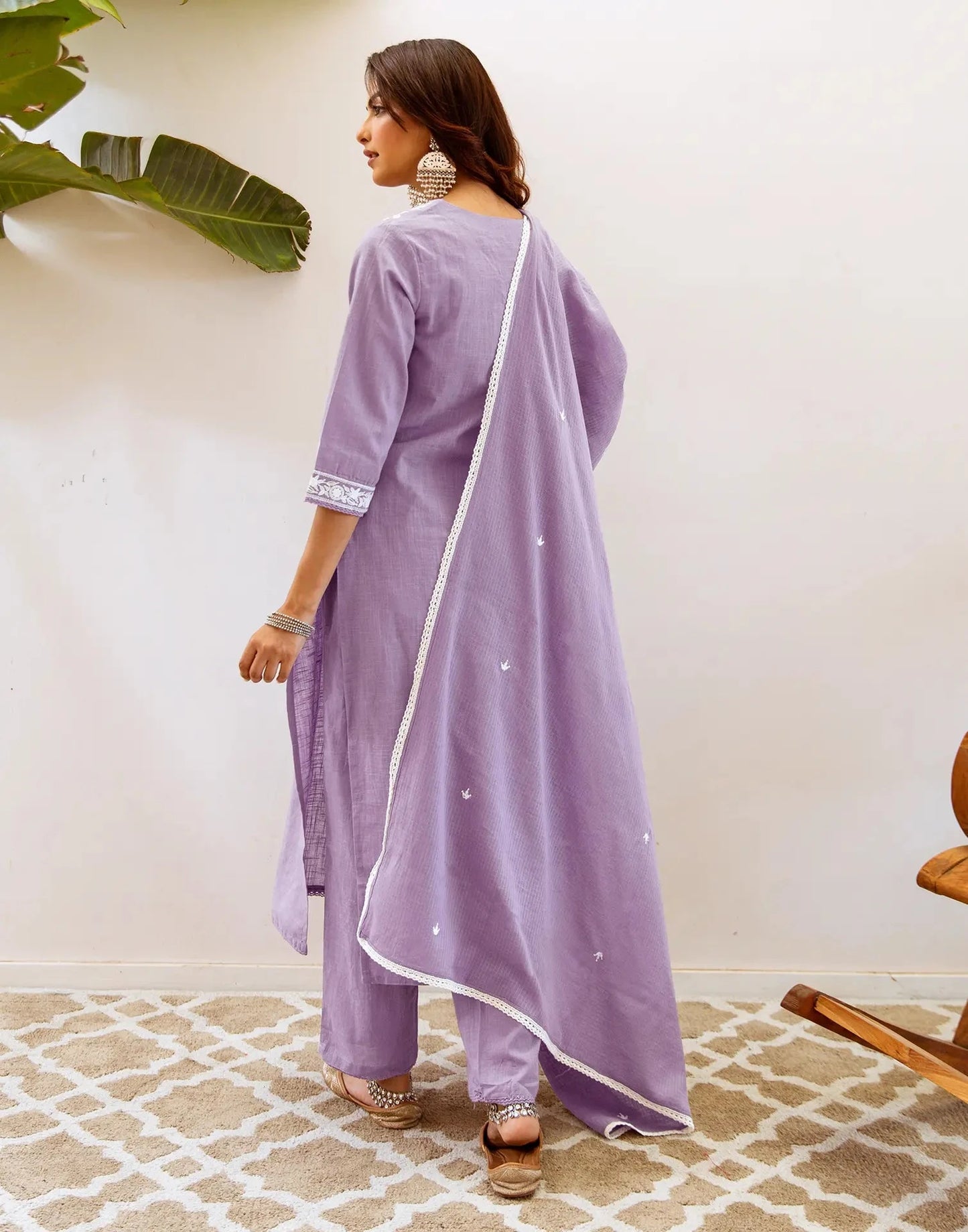 Cotton Embroidered V-Neck Straight Kurta with Pant & Dupatta