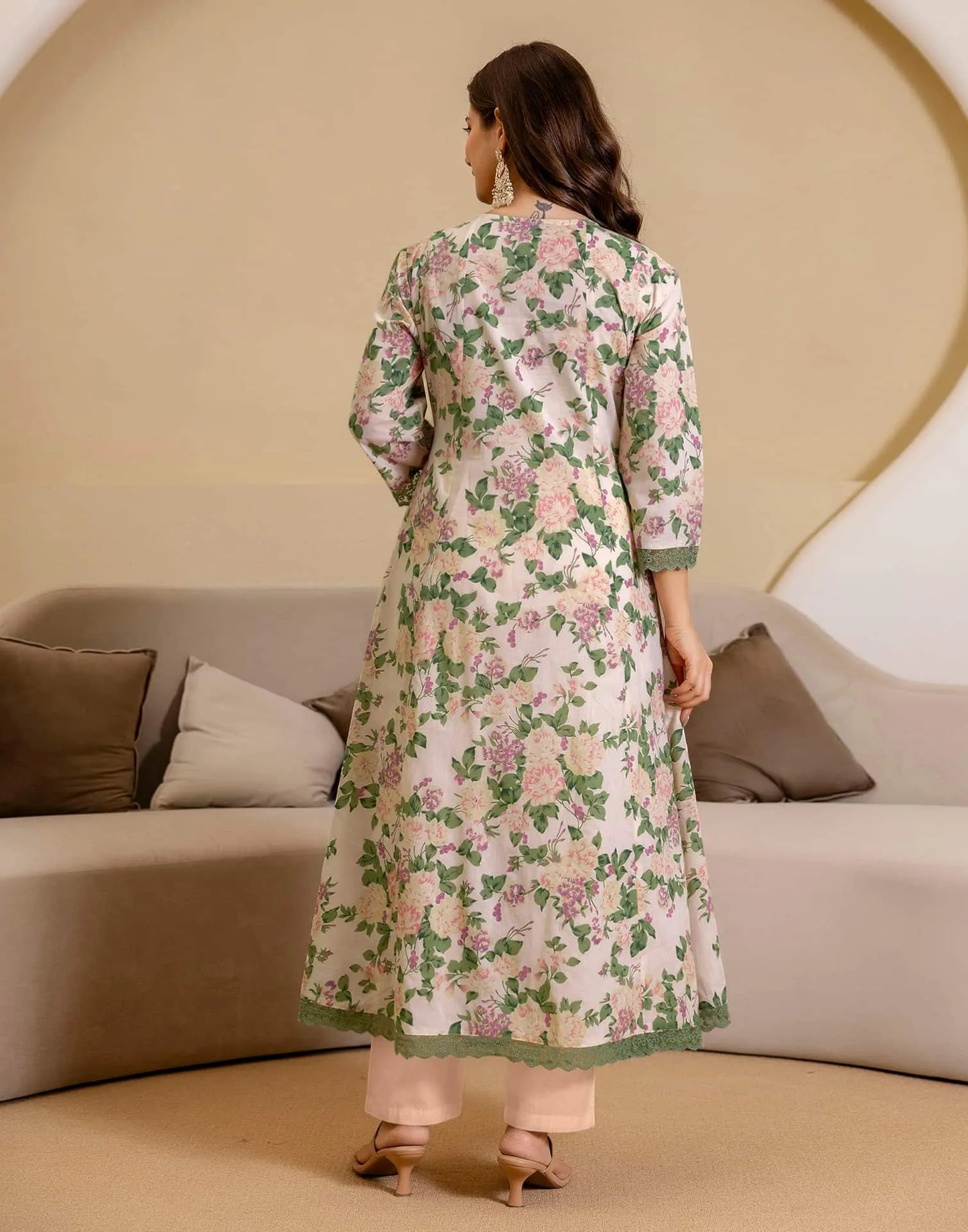 Beige Cotton Printed Anarkali Kurta with Pant & Dupatta