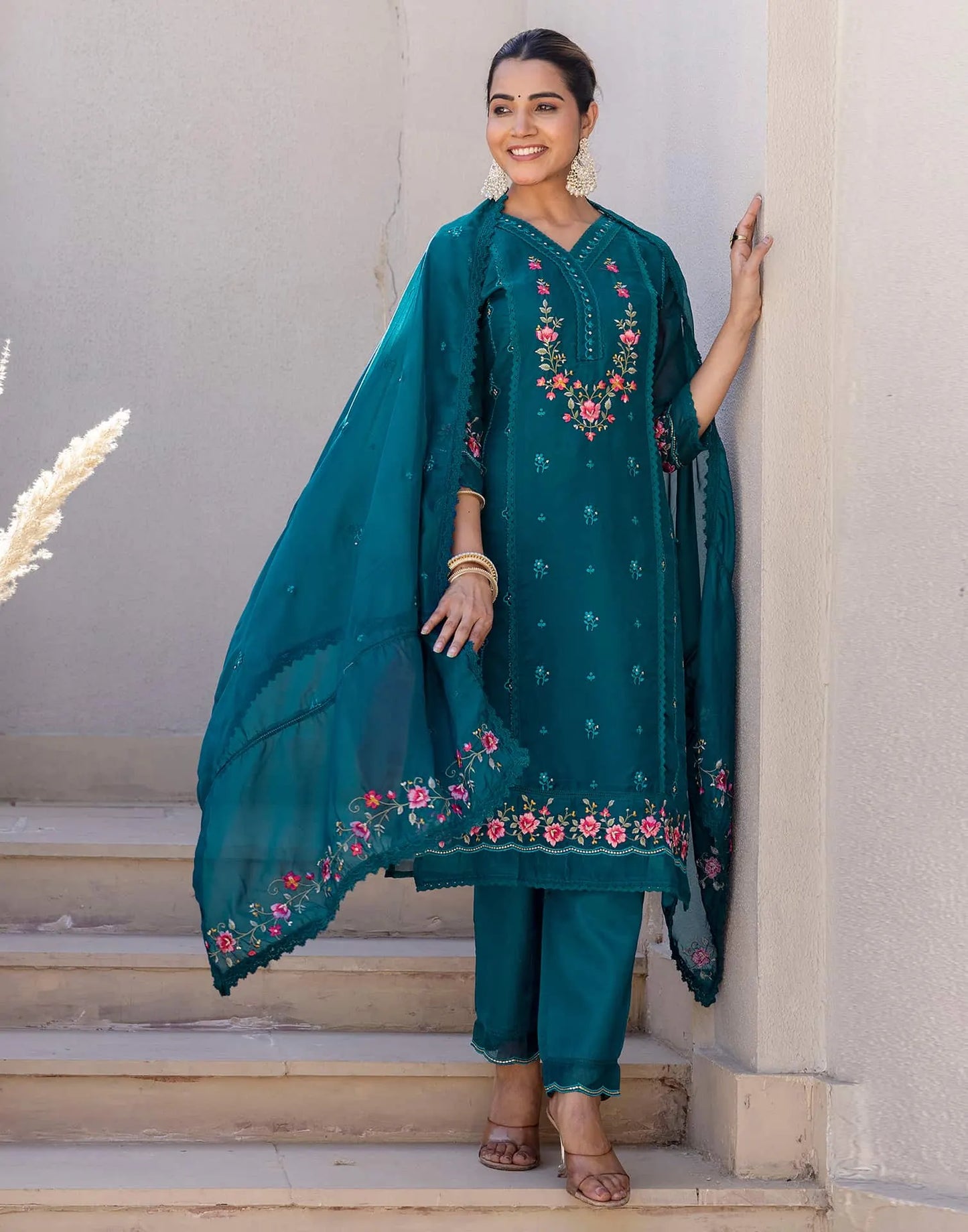 Blue Silk Blend Embroidery Straight Kurta Set for Women with Pant & Dupatta