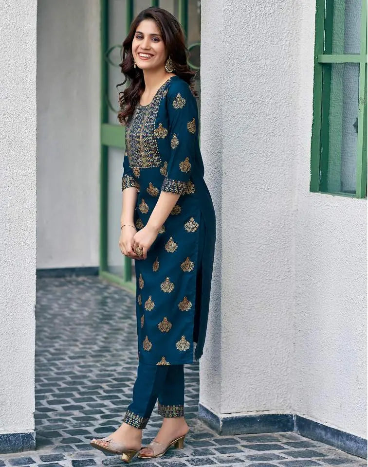 Teal Blue Casual Office Wear Kurta Set with dupatta 