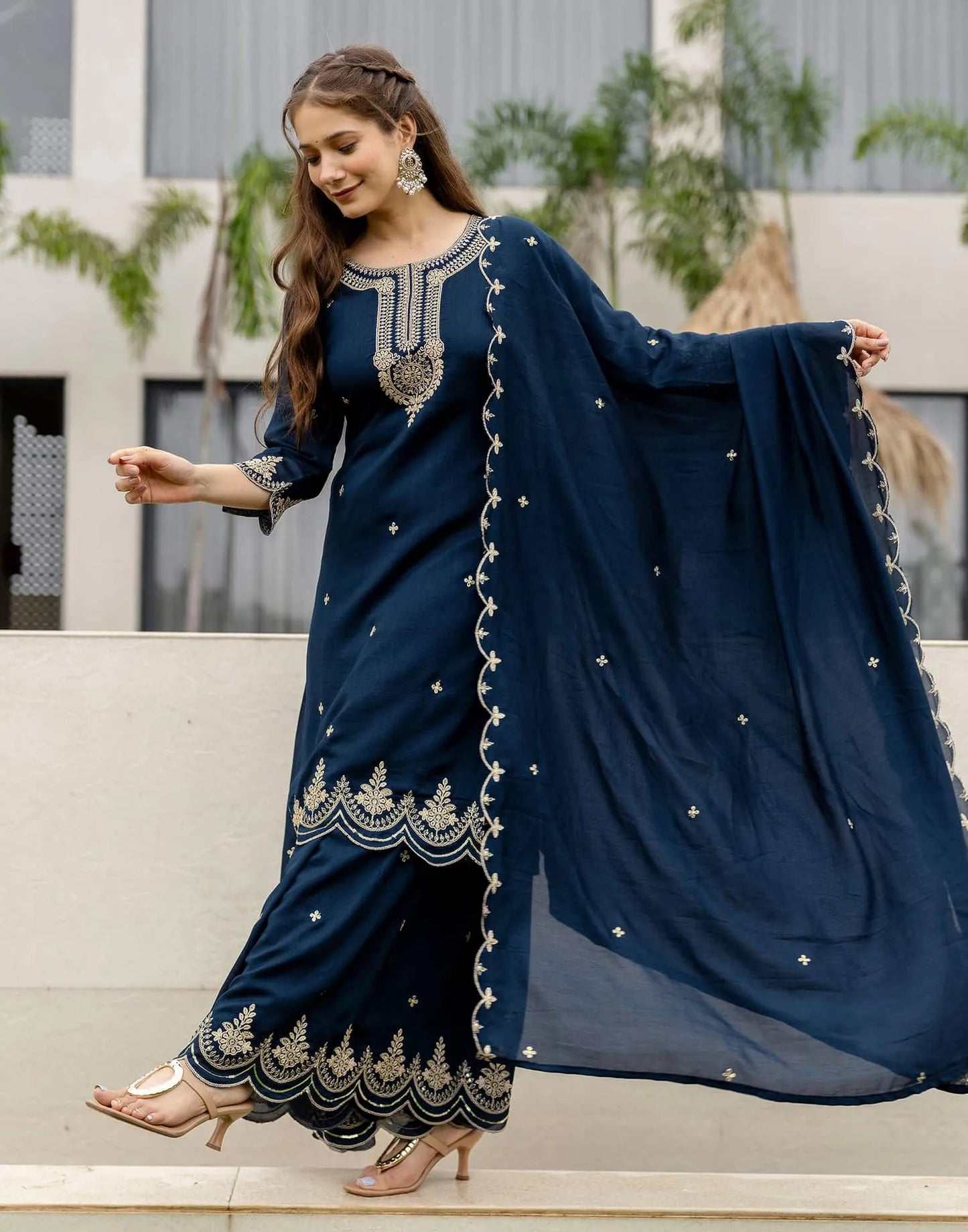 Silk Embroidered Straight Kurta with Pant & Dupatta