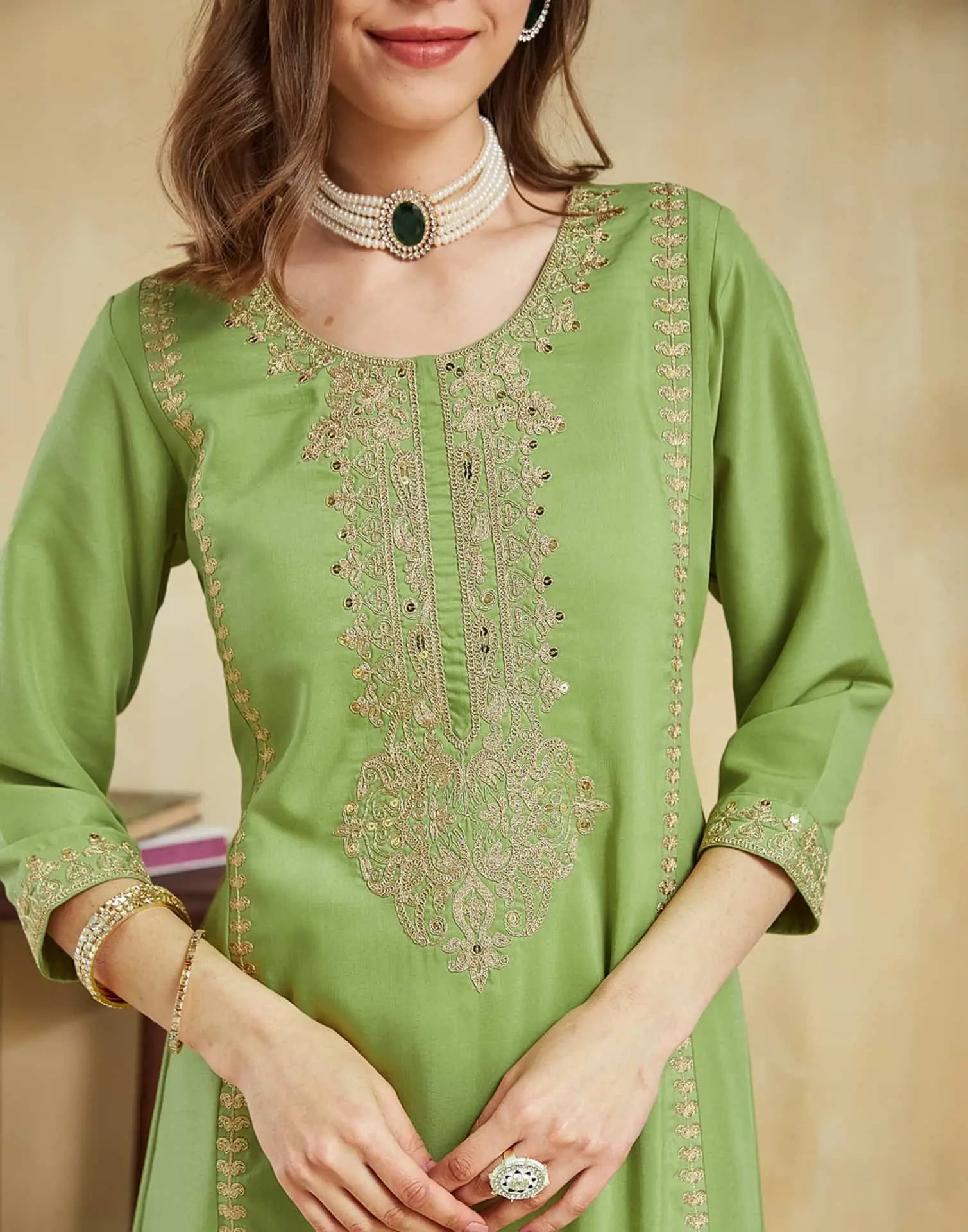 Light Green Cotton Embroidered Straight Kurta Set with Pant & Dupatta for Women