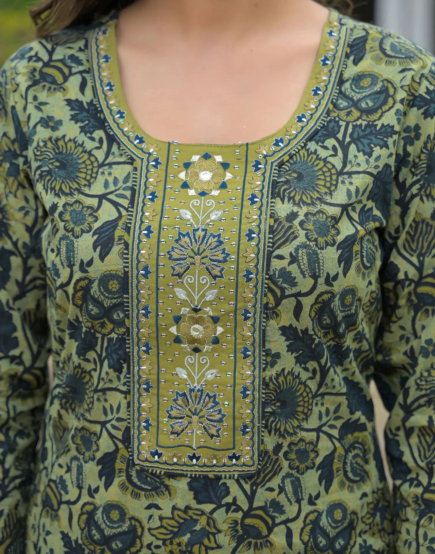 Cotton Embroidered Round Neck Straight Kurta with Pant & Dupatta