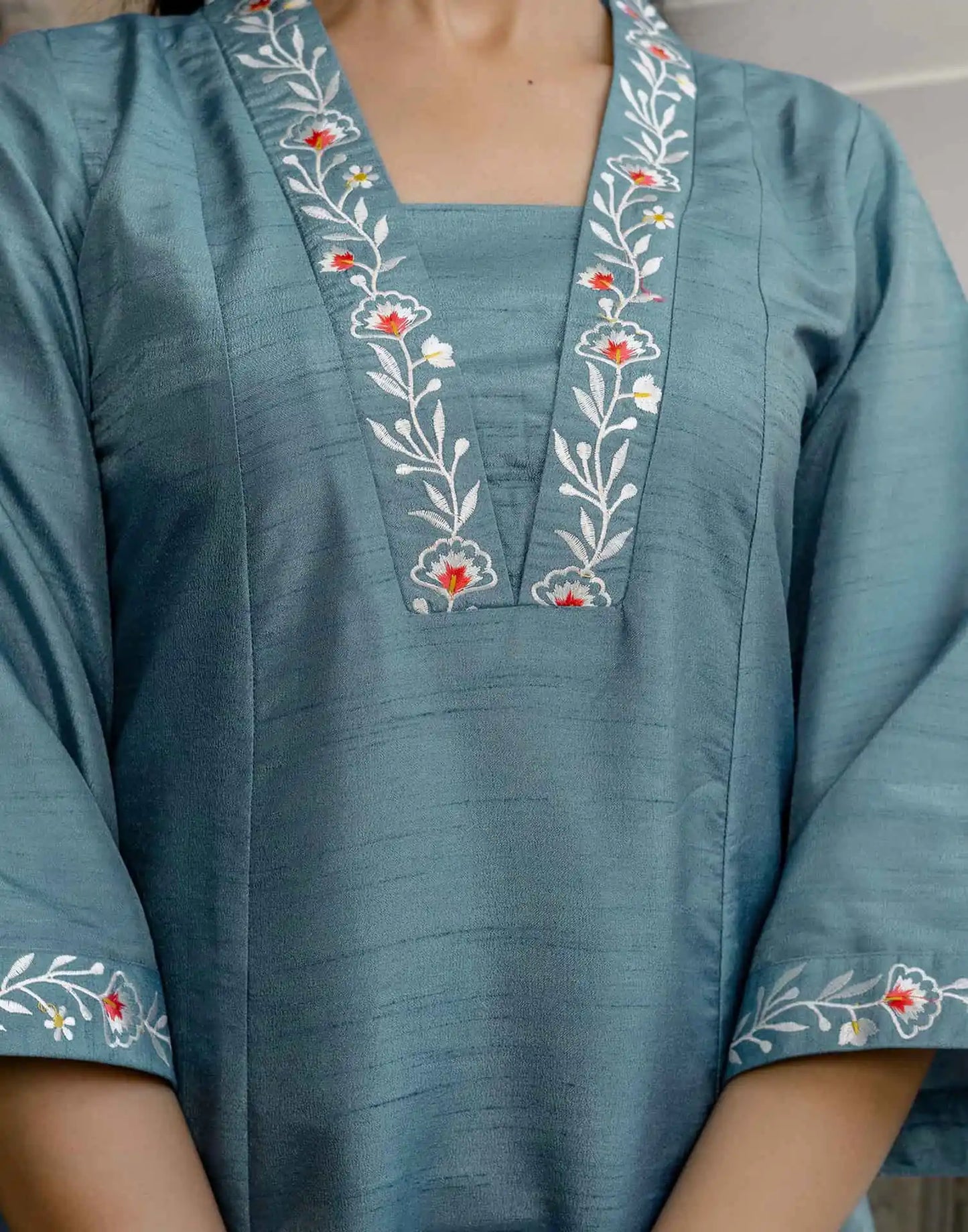 Blue Silk Blend Embroidered Straight Kurta Set with Pant and Dupatta for Women