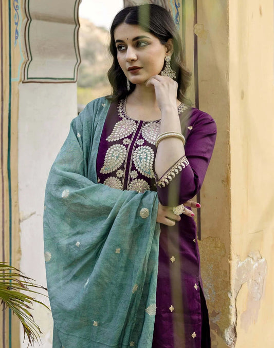 Affordable Wine silk heavy embroidered kurta set with dupatta