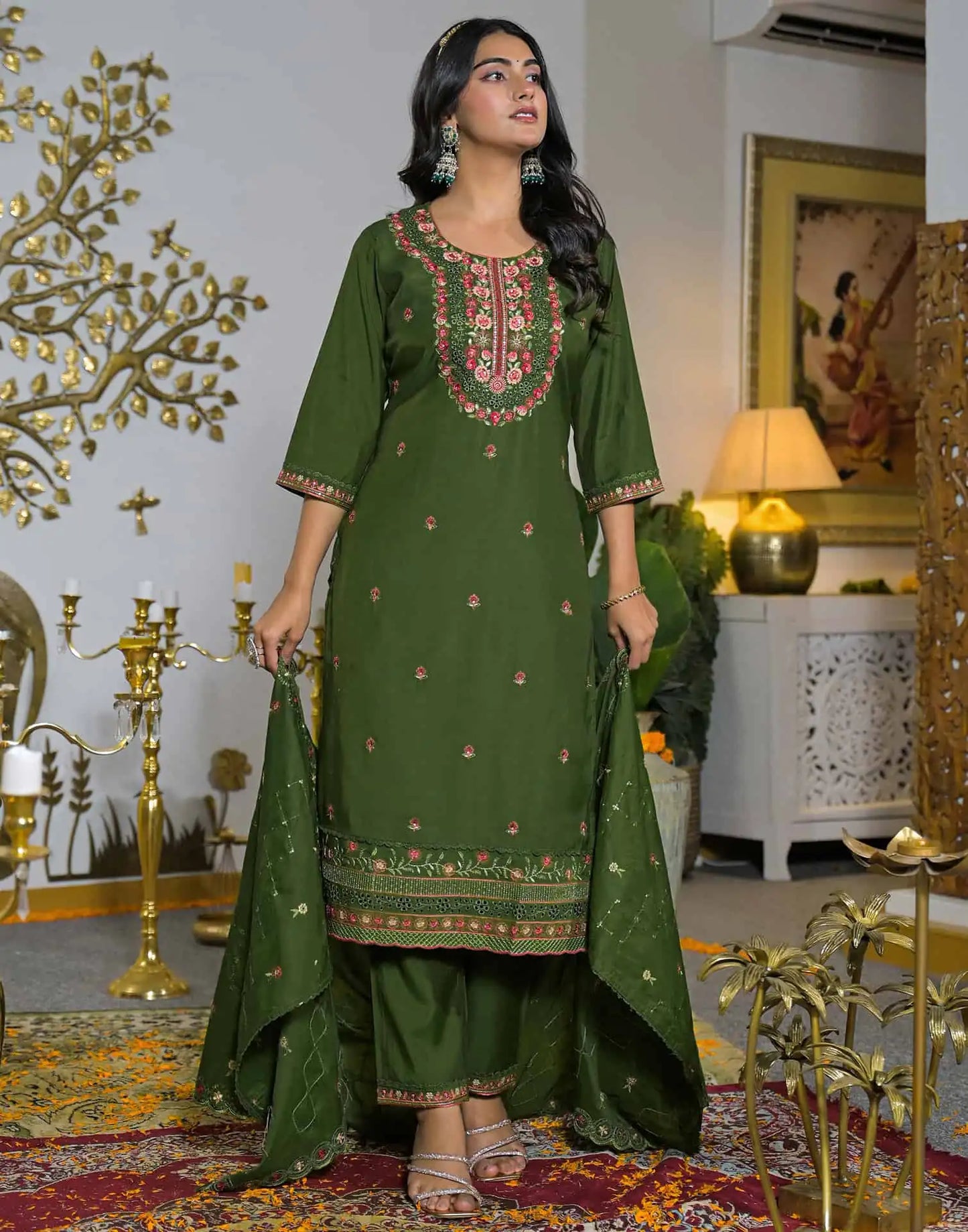 Silk Straight Embroidery Round Neck Kurta with Pant & Dupatta