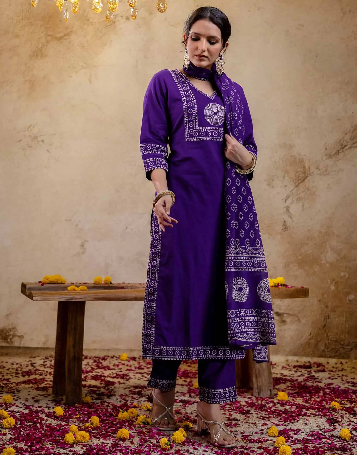 Affordable Purple Cotton Printed Straight Kurta Set Bandhani Print