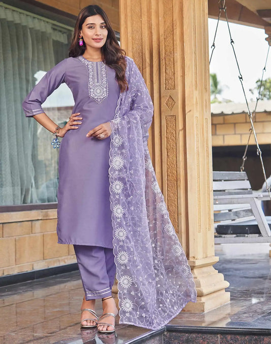 Cotton Blend Embroidered Straight Kurta with Pant & Dupatta