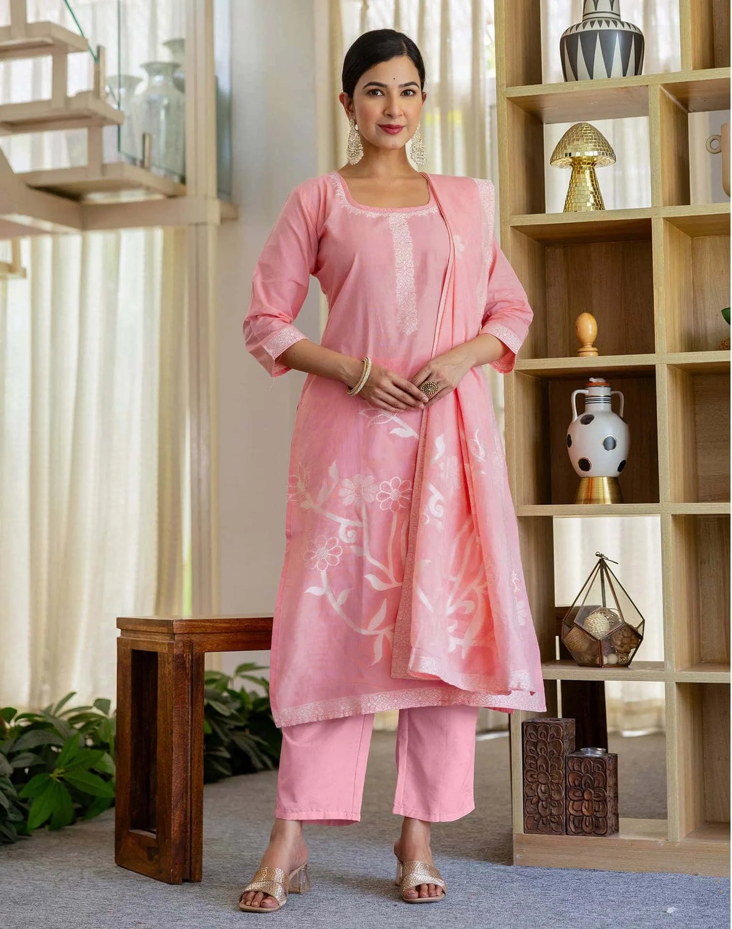 Cotton Weaving Straight Kurta with Pant & Dupatta