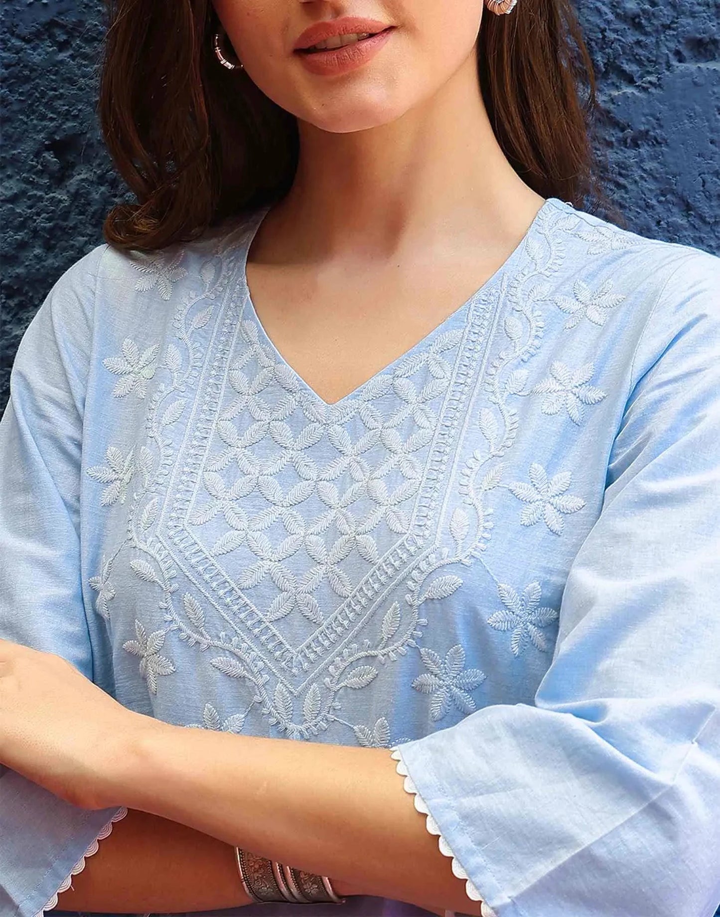 Cotton Chikankari Straight Sweetheart Neck Short Kurti