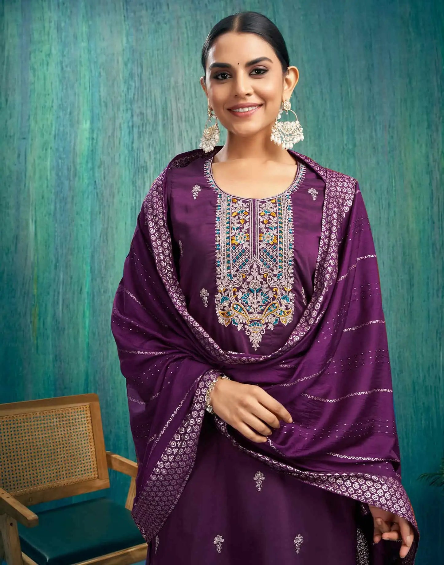 Silk Blend Embroidered Straight Kurta with Pant & Dupatta