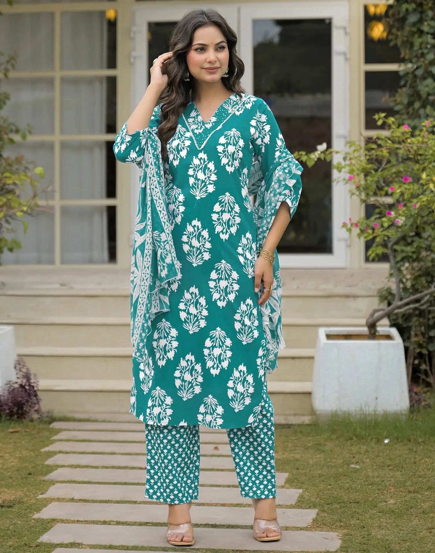Cotton Embroidered V-Neck Straight Kurta with Pant & Dupatta