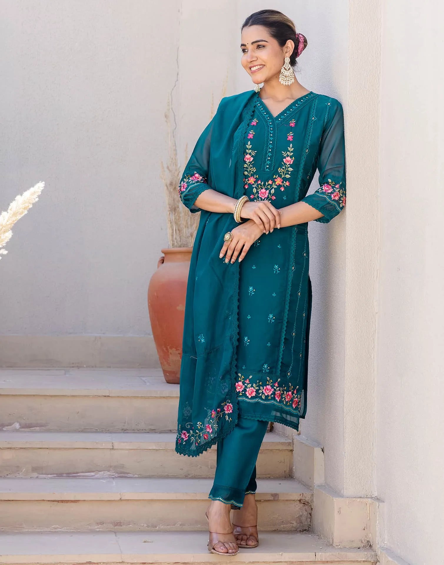 Blue Silk Blend Embroidery Straight Kurta Set for Women with Pant & Dupatta