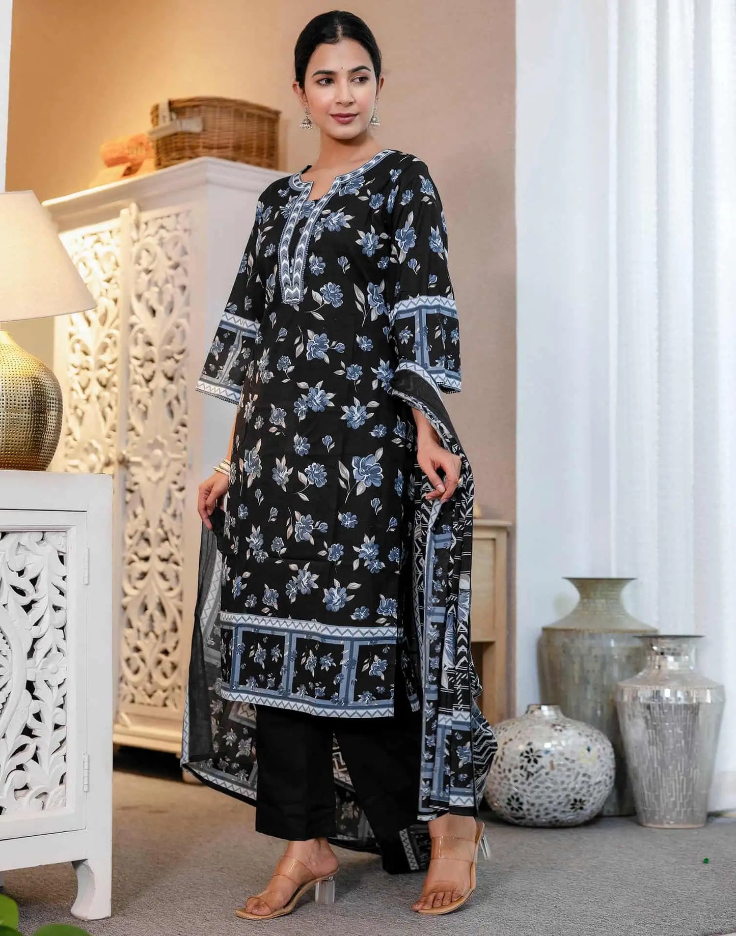 Affordable Blue Cotton Printed Straight Kurta Set with Pant & Dupatta under 799