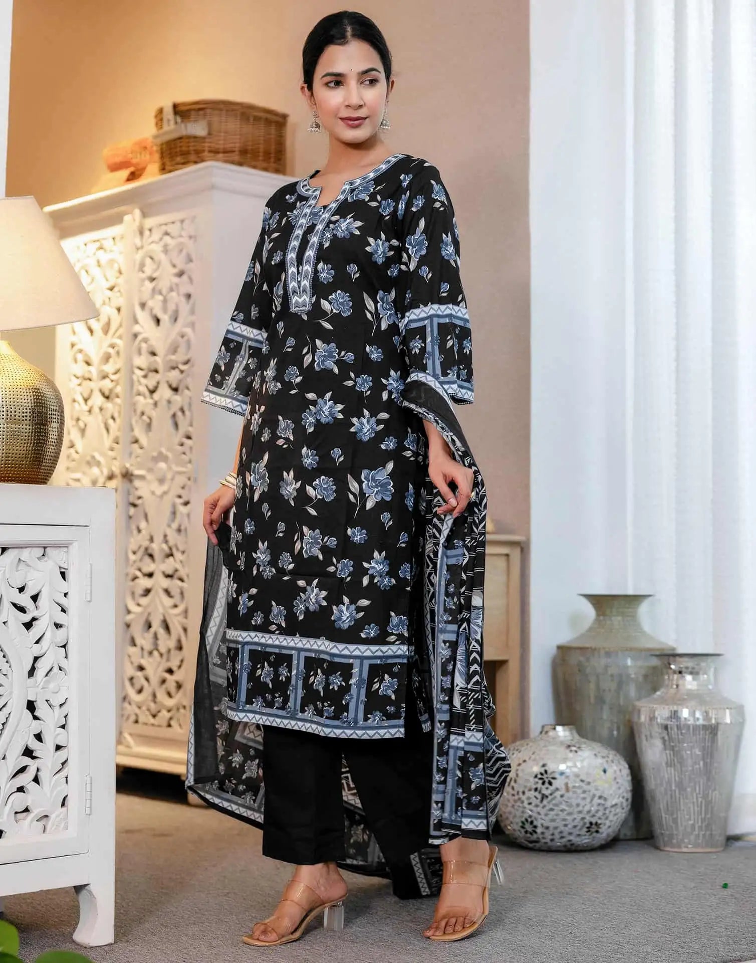 Affordable Blue Cotton Printed Straight Kurta Set with Pant & Dupatta under 799