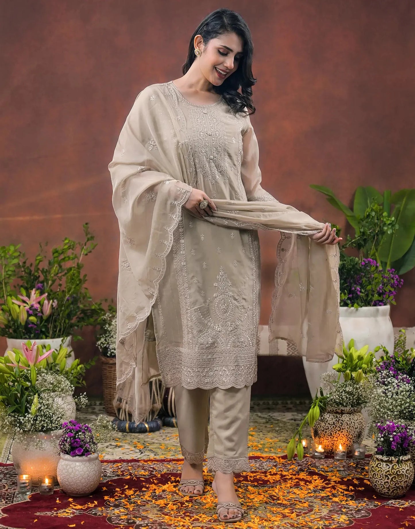 Silk Embroidered Round Neck Straight Kurta with Pant & Dupatta