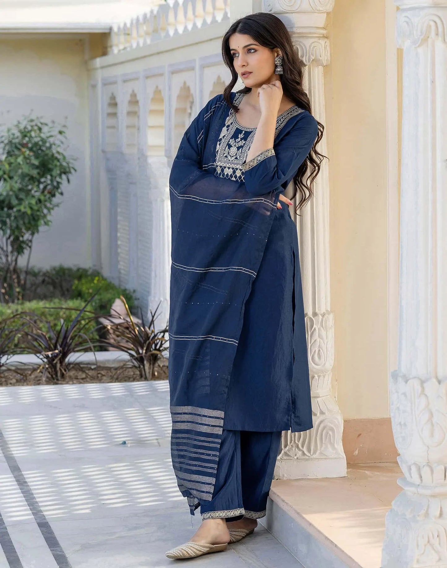 Silk Blend Weaving and Lace Straight Kurta with Pant & Dupatta