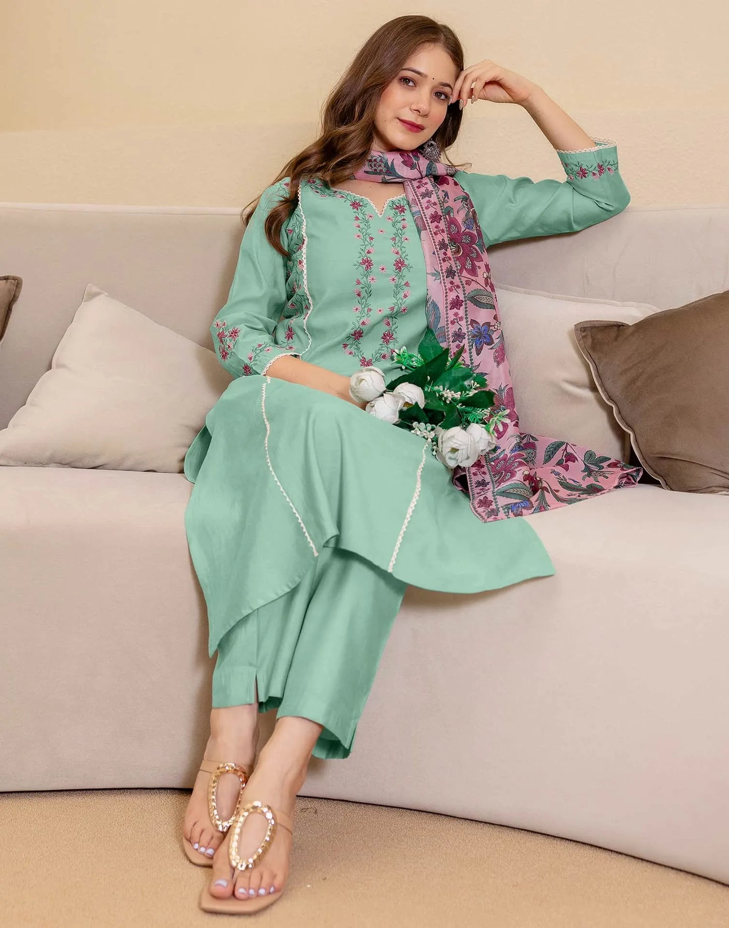 Green Silk Embroidered Straight Kurta Set with Pant and Dupatta