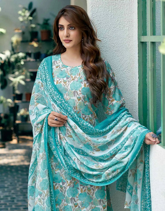 Cotton Blend Foil Printed and Printed Fabric Lace Straight Kurta with Pant & Dupatta