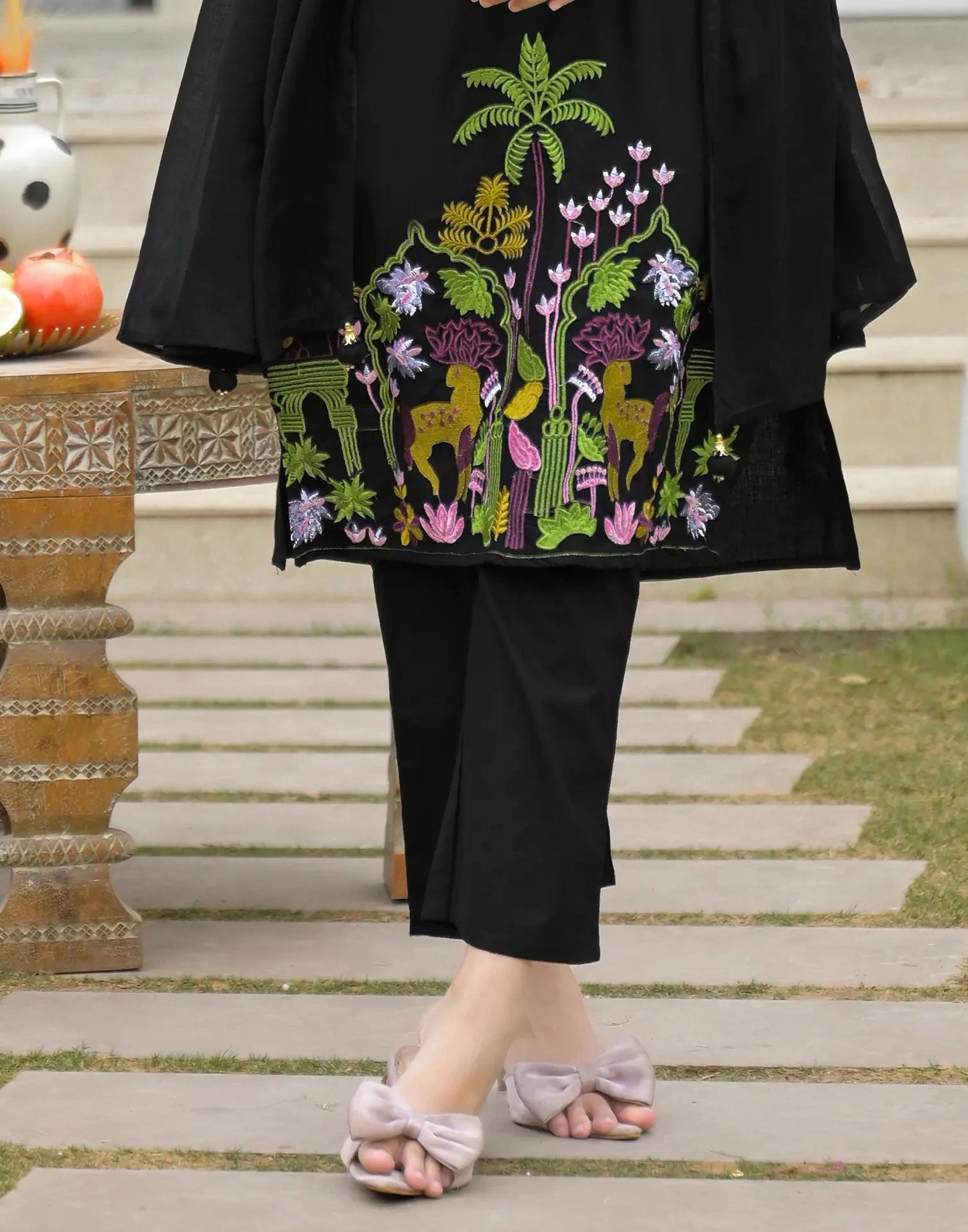 Cotton Embroidered Mandarin Collar Straight Kurta with Pant & Dupatta