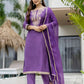 Purple Silk Embroidered Straight Kurta Set with Pant & Dupatta under 1299