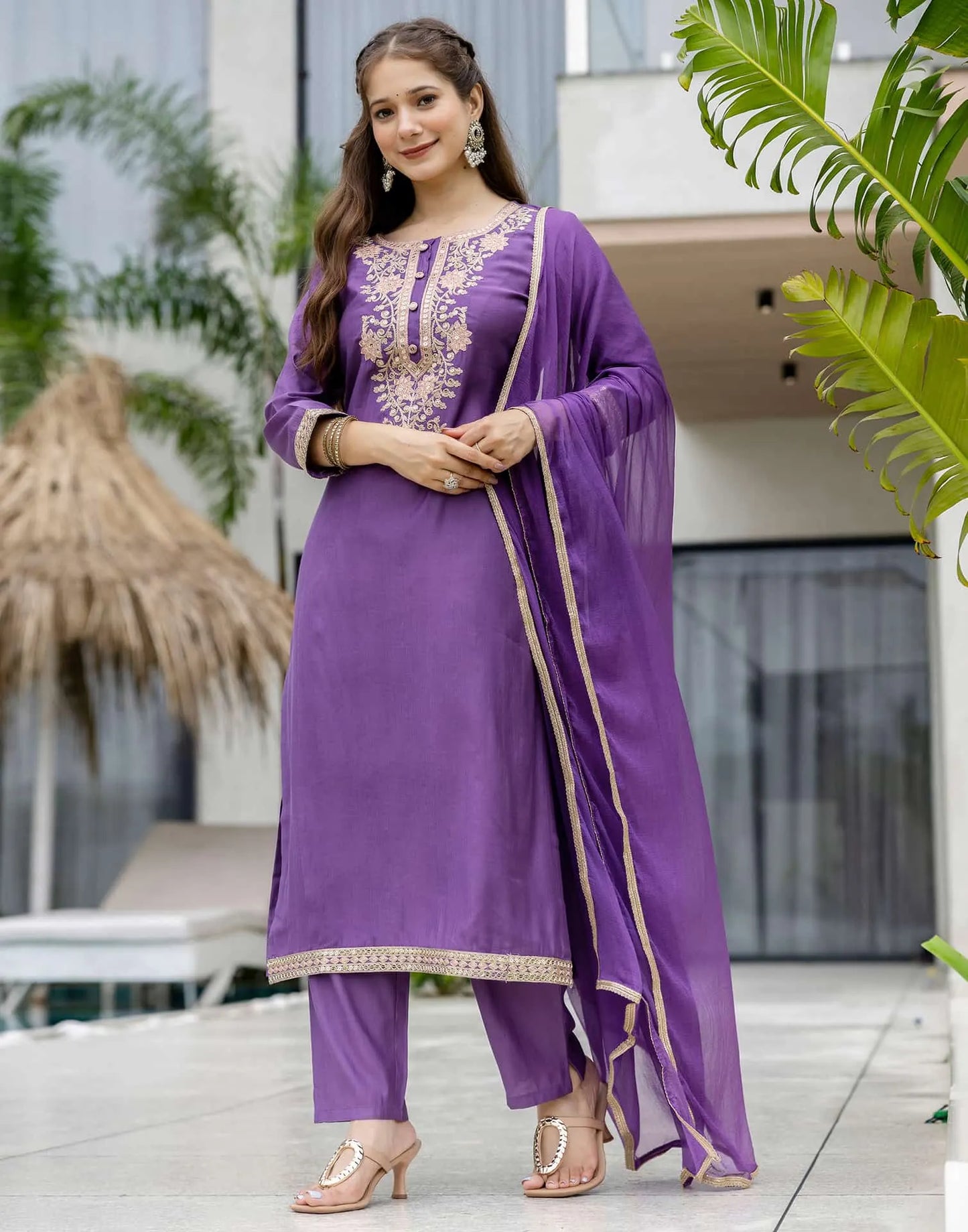 Purple Silk Embroidered Straight Kurta Set with Pant & Dupatta under 1299