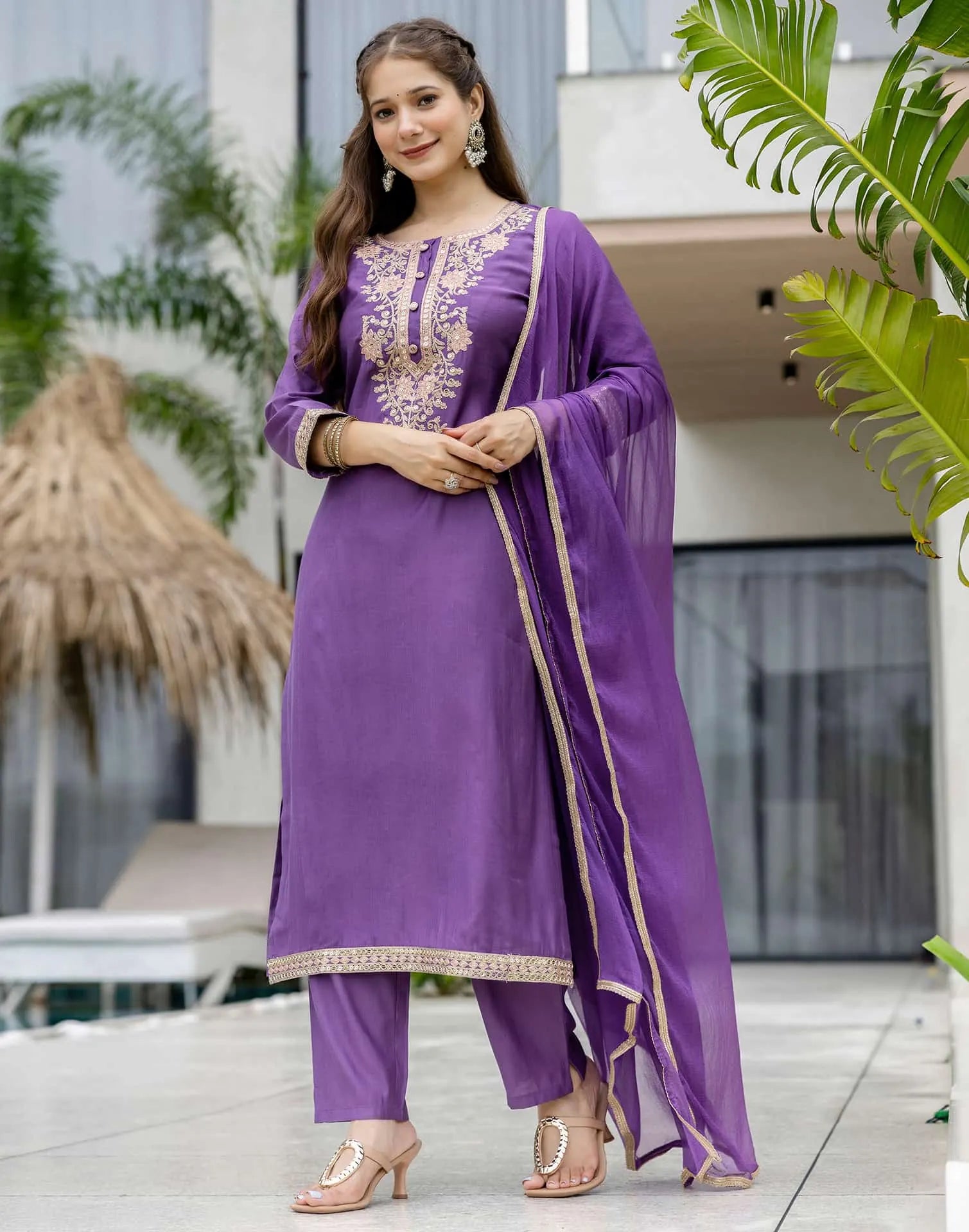 Purple Silk Embroidered Straight Kurta Set with Pant & Dupatta under 1299