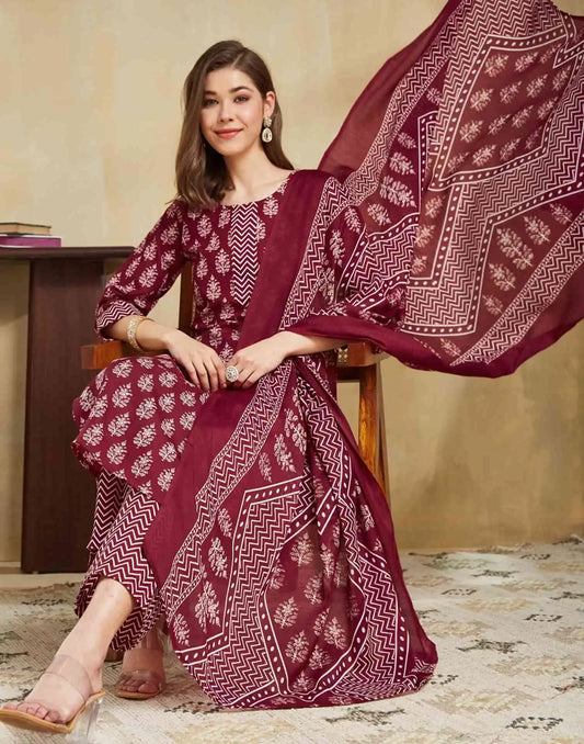 Cotton Blend Printed and Printed Lace Straight Kurta with Pant & Dupatta