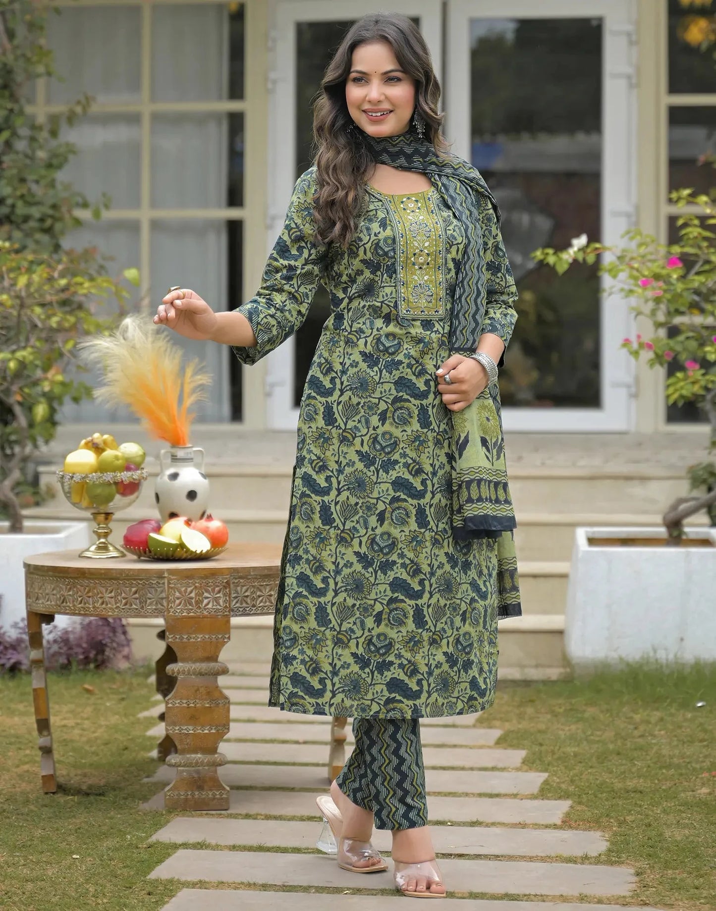 Cotton Embroidered Round Neck Straight Kurta with Pant & Dupatta