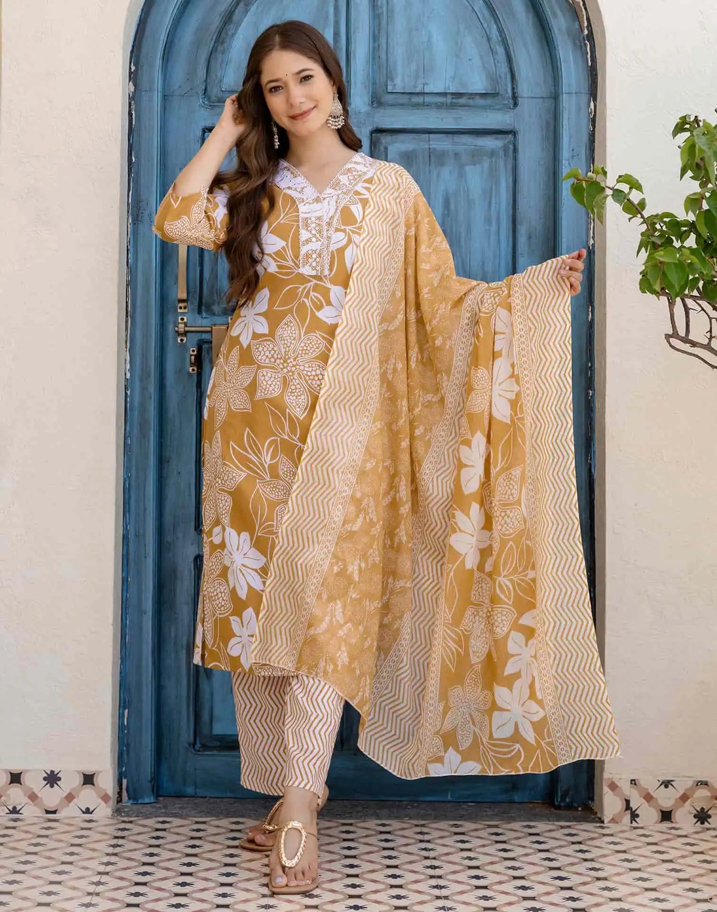 Cotton Straight Printed V-Neck Kurta with Pant & Dupatta