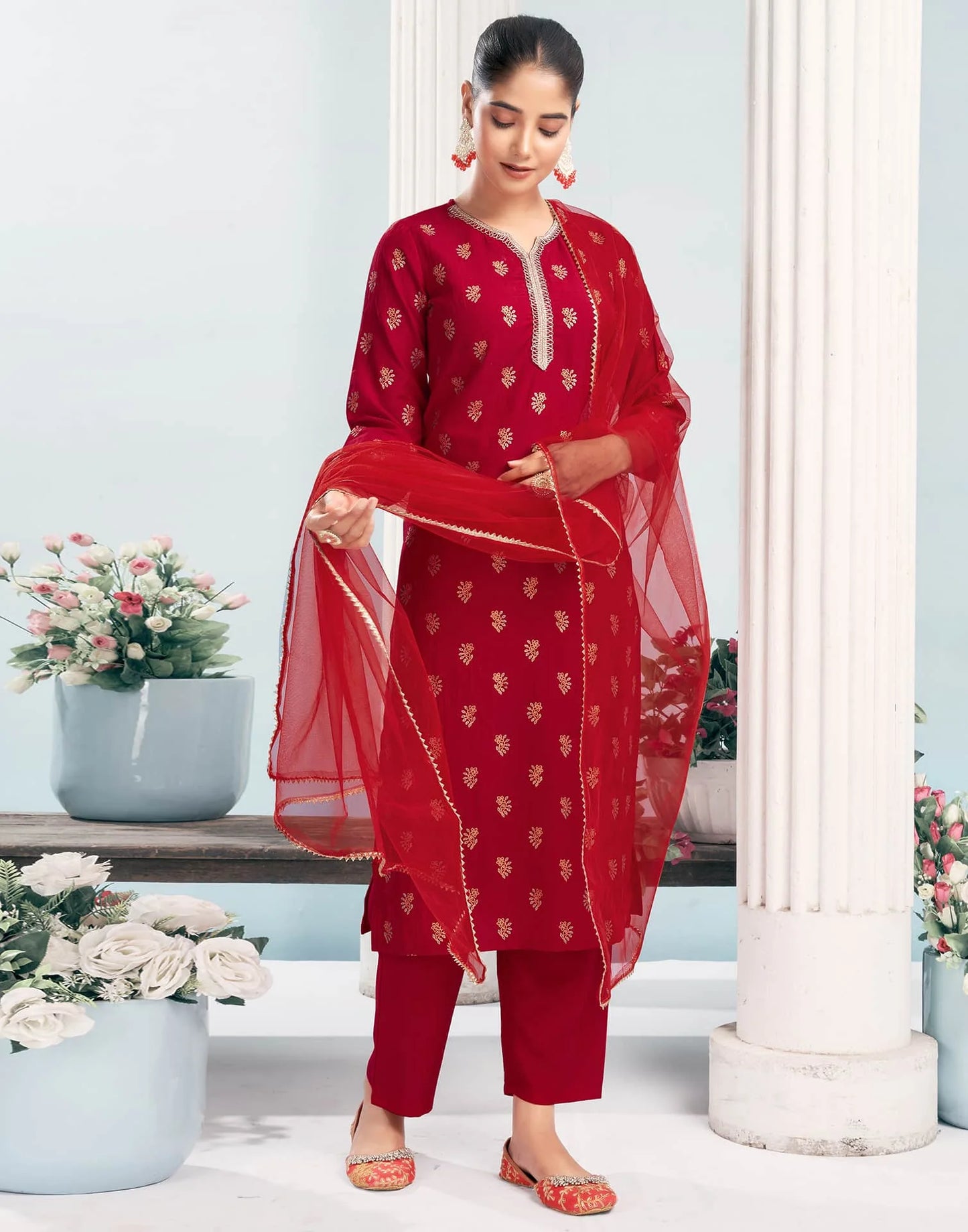 Silk Blend Dyed, Foil Print and Lace Straight Kurta with Pant & Dupatta