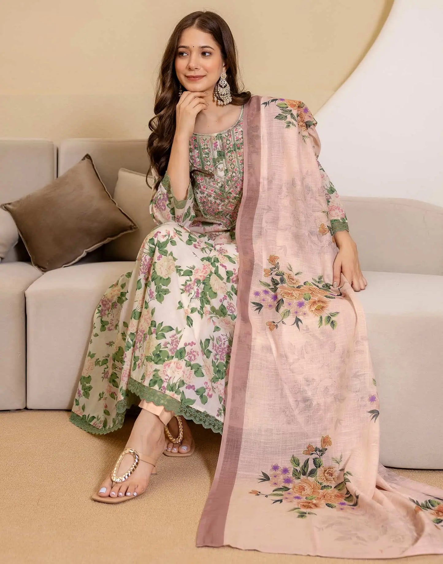 Beige Cotton Printed Anarkali Kurta with Pant & Dupatta