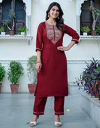 Maroon Silk Sequence Embroidered Straight Kurta Set with Pant and Dupatta – Elegant Wedding & Festive Wear for Women