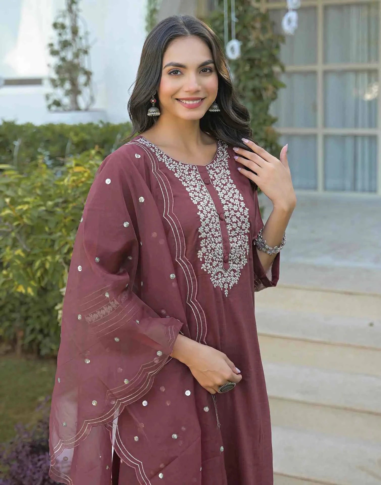 Silk Embroidered Straight Round Neck Kurta with Pant & Dupatta