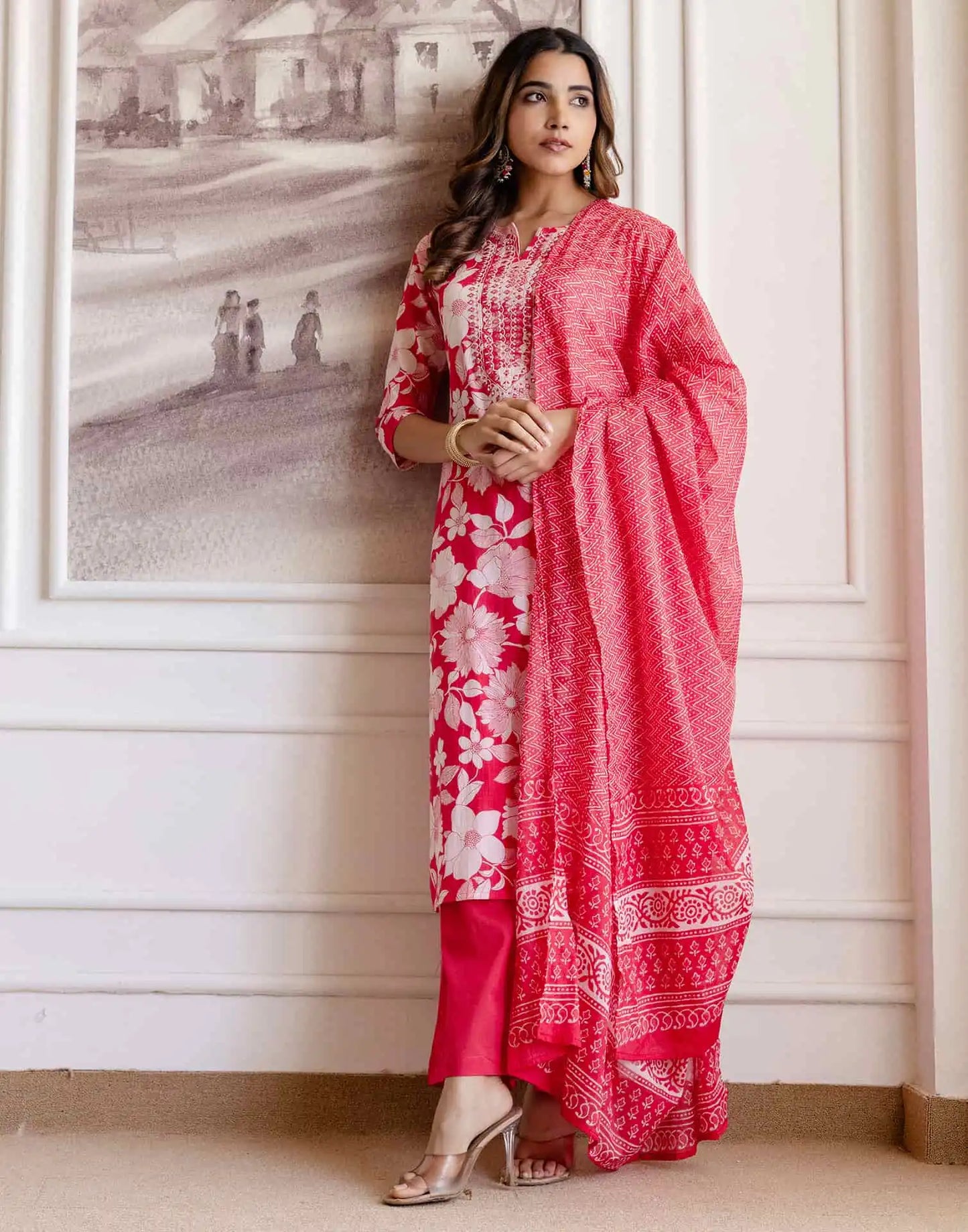 Pink Cotton Printed Straight Kurta Set with Pant & Dupatta V-Neck Floral Kurti for Women
