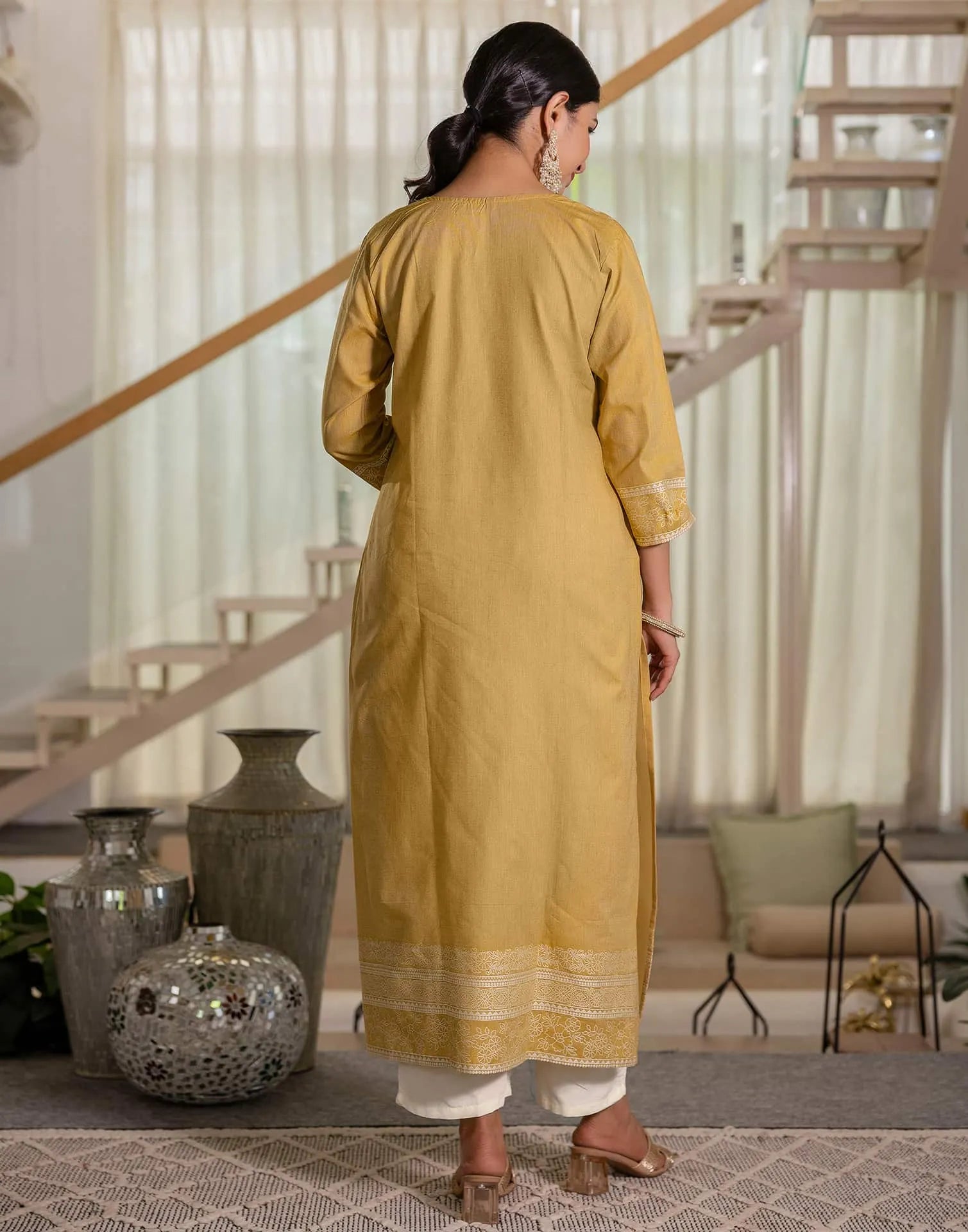 Affordable Beige Cotton Woven Straight Kurta Set Round-Neck Woven Cotton Kurti with Pant & Dupatta