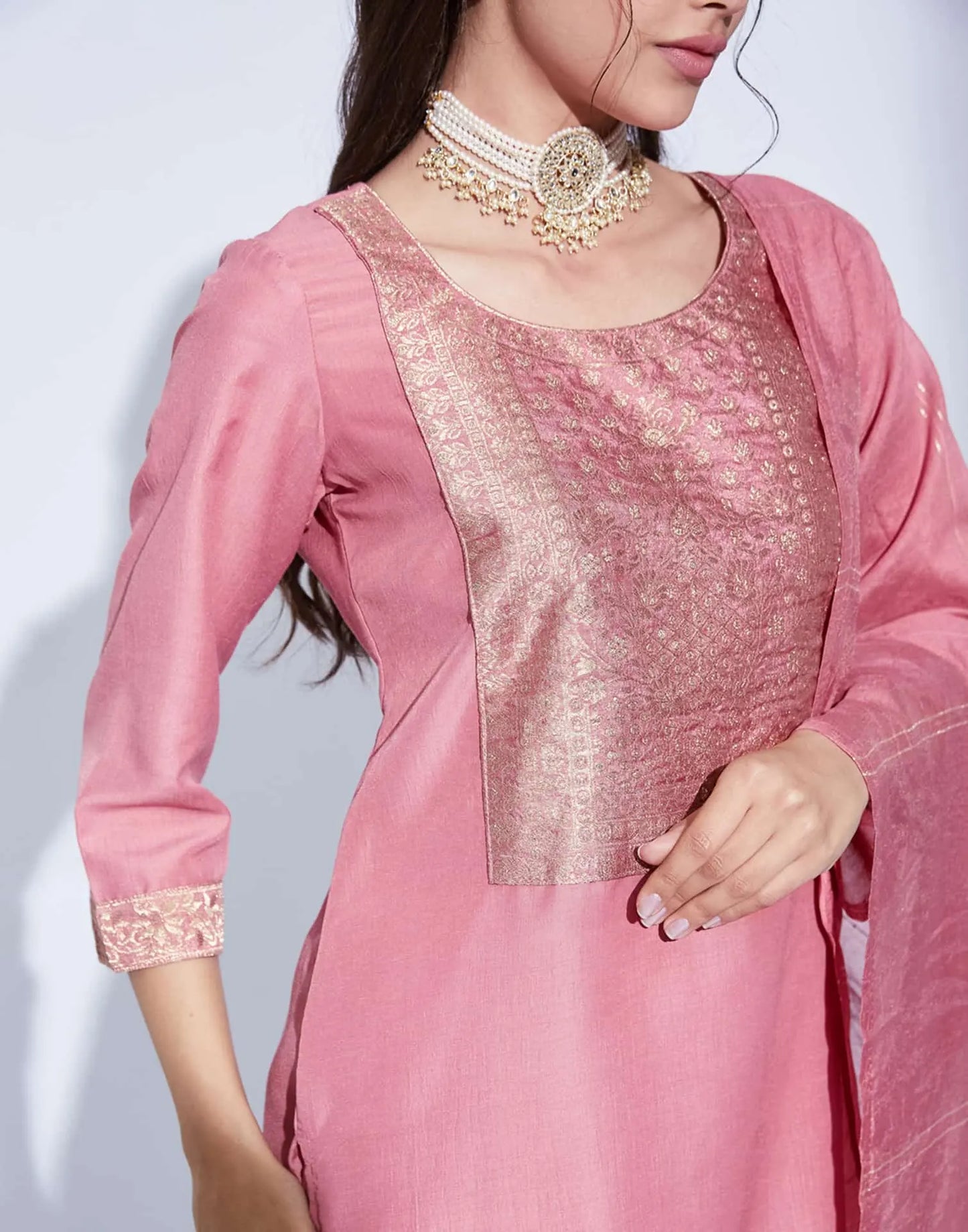 Silk Blend Weaving and Lace Straight Kurta with Pant & Dupatta