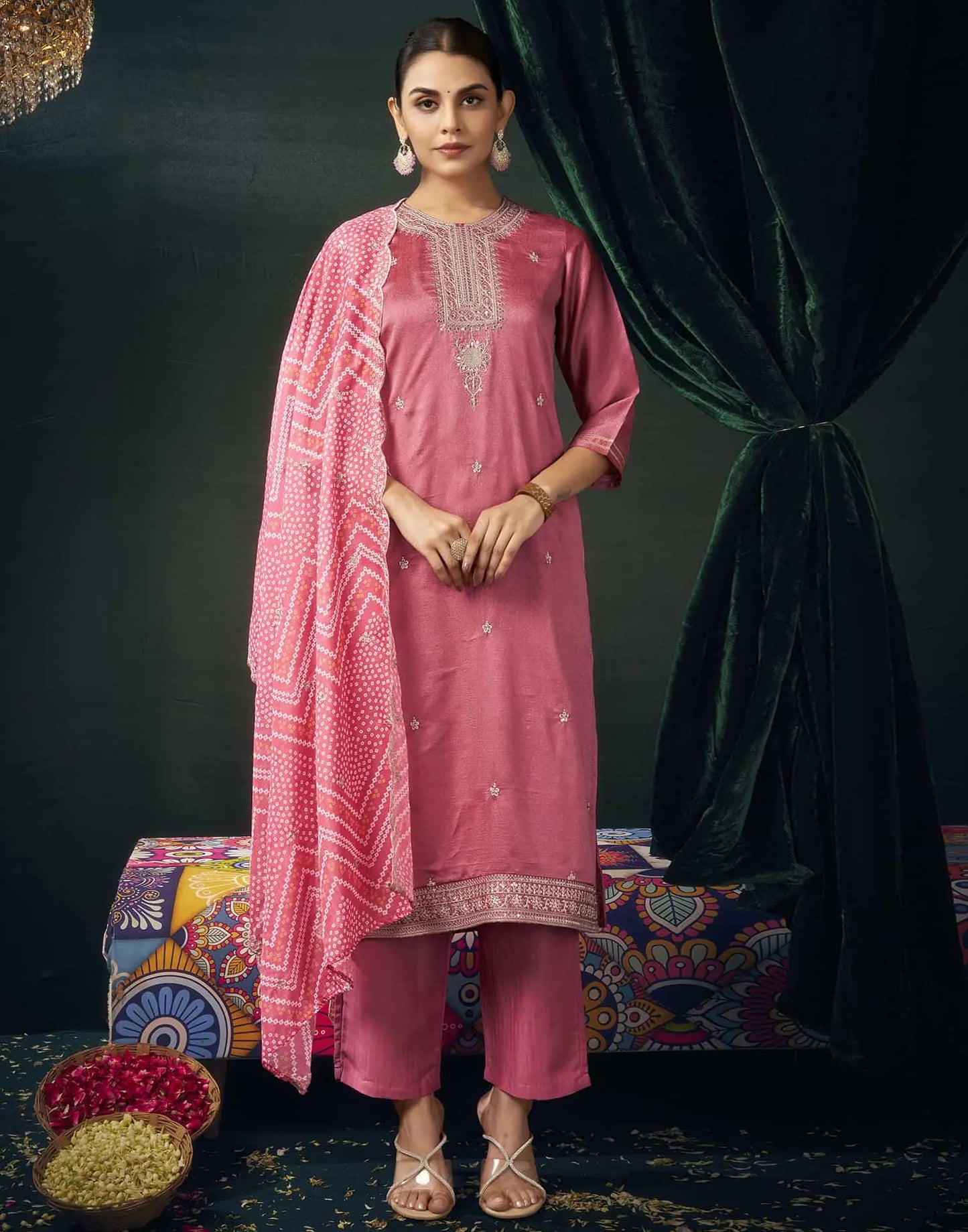 Silk Blend Embroidered Straight Kurta with Pant & Dupatta