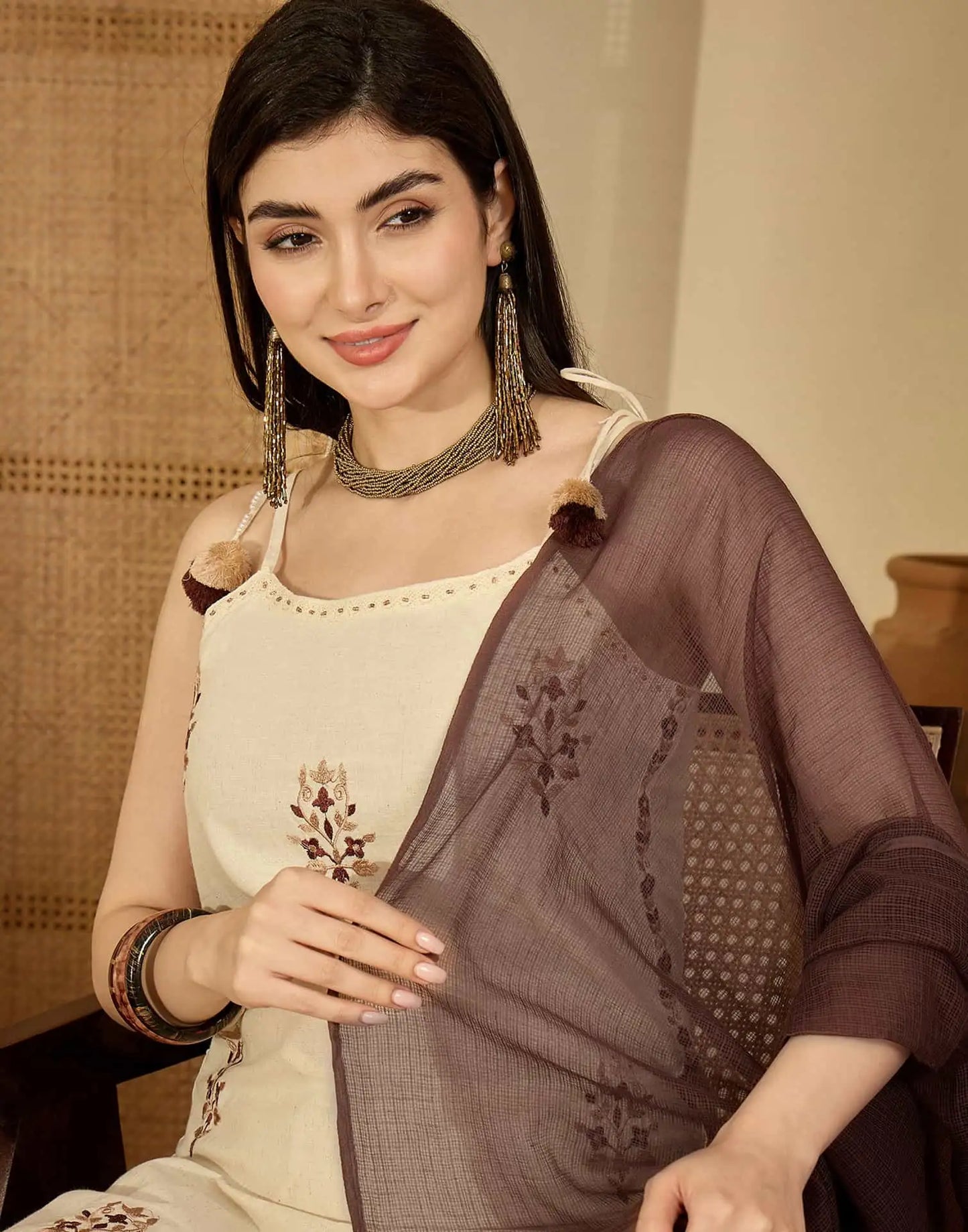 Beige Cotton Embroidered Straight Kurta Set with Pant & Dupatta Affordable Square Neck Ethnic Kurti for Casual